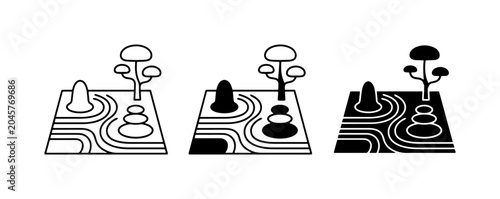 Fotografie Zen Garden Icons, Japanese Rock Garden Symbols, Minimalist Landscape Elements