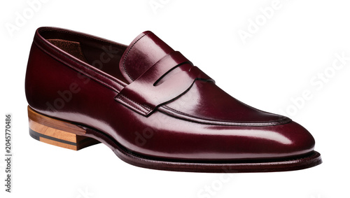 Fotografía Burgundy leather penny loafer shoe with wooden heel, isolated on transparent bac
