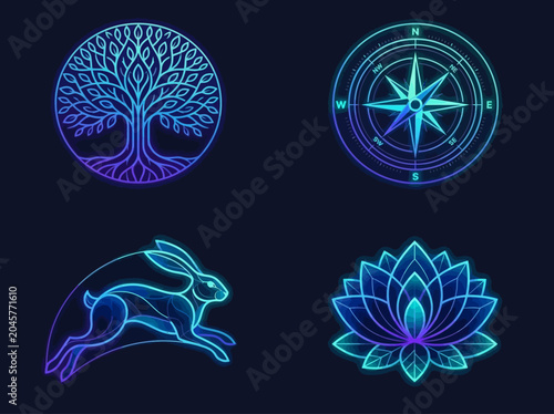 Set of 4 Mystical Neon Symbols featuring Tree of Life, Navigation Compass, Running Hare, and Lotus Flower with Glowing Blue and Purple Line Art