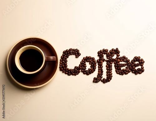 コーヒー豆で描いた「COFFEE」の文字とカップ