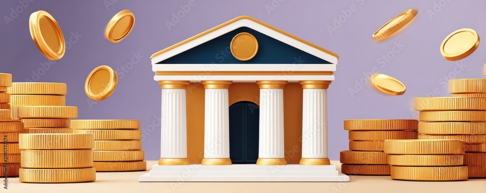 Fototapeta premium Stylized bank building with stacks of golden coins representing finance, savings and investment concepts
