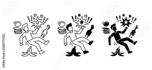 Bild auf Leinwand Man Slipping on Banana Peel, Falling Accident, Danger Icons, Set of 3