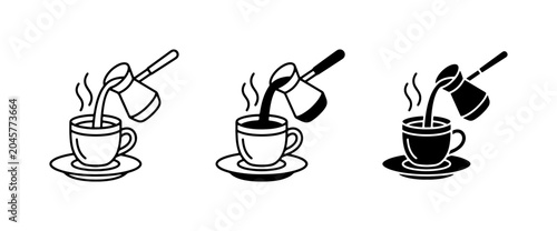 Foto Coffee Pouring Icons: Turkish Cezve, Hot Beverage, Cup & Saucer, Black & White L