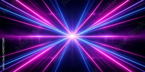 Photos An abstract purple and blue background with shiny laser rays features a bright c