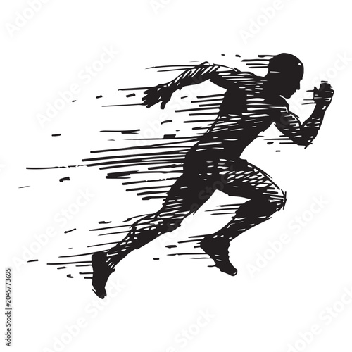 Quadro su tela Graphic Black Silhouette Runner with Hatching Texture and Motion Streaks