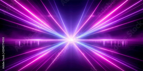 An abstract purple background features a shiny star burst and vibrant disco laser rays, creating a glowing pink and blue space flare design with bright energy beams