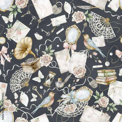 Vintage seamless pattern with mirrors, books, lace fans and antique accessories on dark background. Watercolor illustration of Victorian backdrop with ribbons and keys for scrapbooking paper