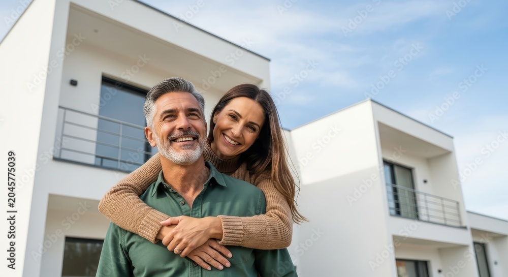 Fototapeta premium Happy Middle-Aged Couple Hugging in Front of Their New Modern Luxury Home Under Blue Sky