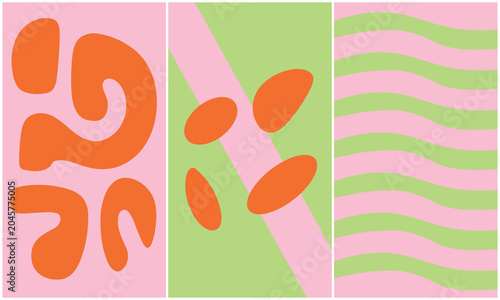 Photos Three vibrant abstract vertical posters featuring playful organic orange blobs and wavy green lines with flat lighting