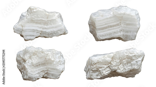 Four pieces of raw white marble rock isolated on a white background
