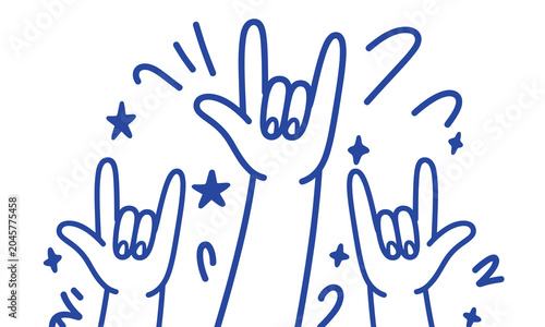Принти на полотні Vibrant blue line art illustration of three hands making rock gestures, expressing joy under bright light at a concert
