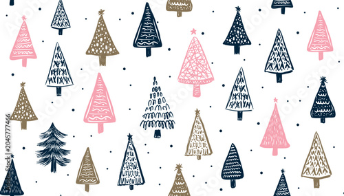 Quadro su tela Christmas white tree pattern, hand drawn