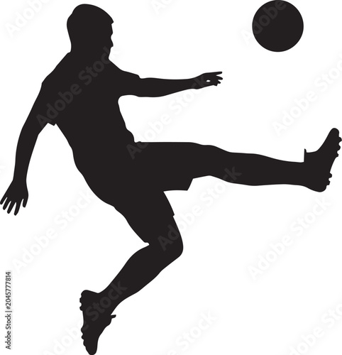 Dynamic football player silhouette kicking soccer ball in mid air action pose isolated on white background for professional sports graphic design concept