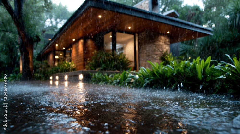 Fototapeta premium A contemporary home nestled amidst lush tropical landscaping, showcasing standing water from recent rain, highlighting nature’s beauty and architectural elegance.