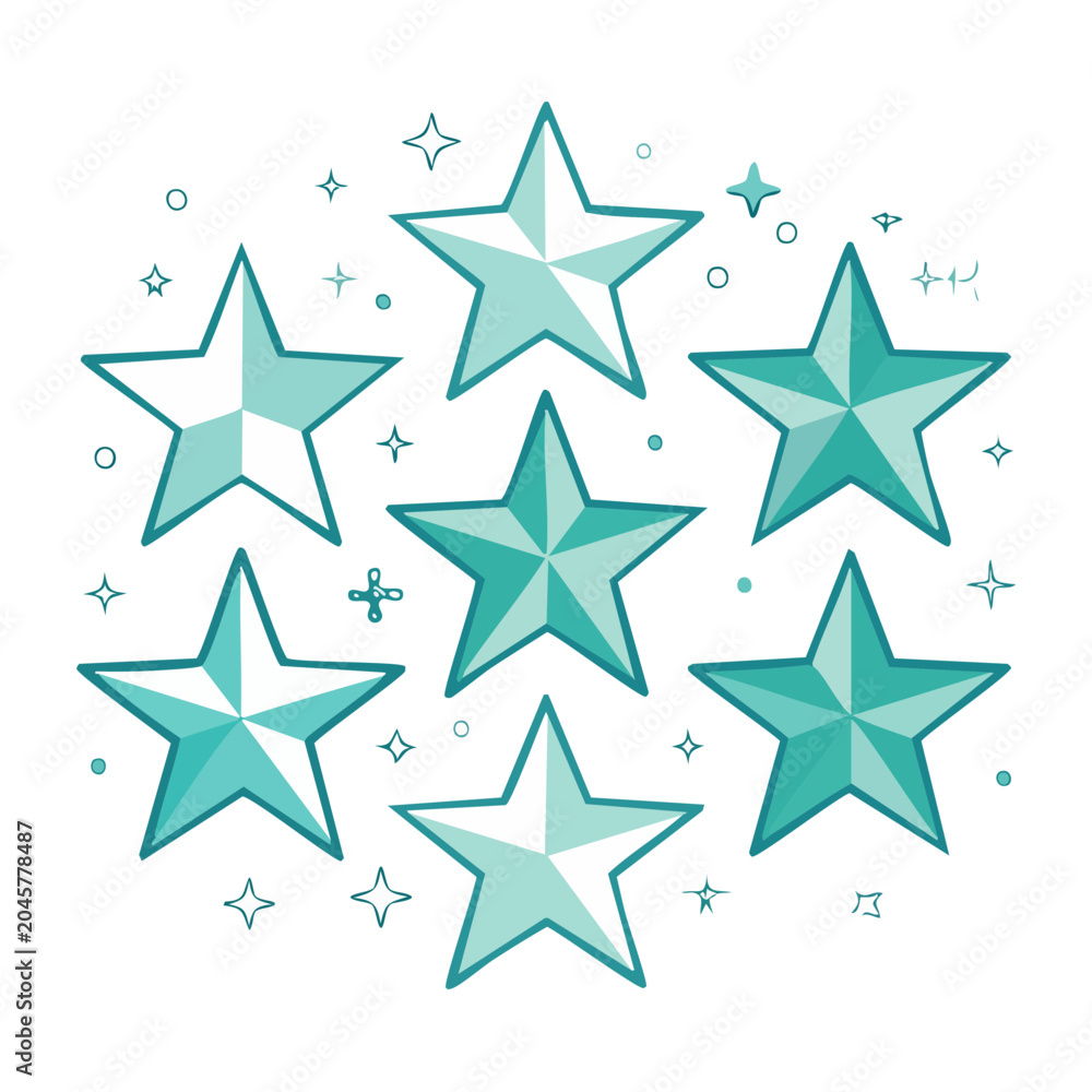 Obraz premium Teal stars with sparkles on white background