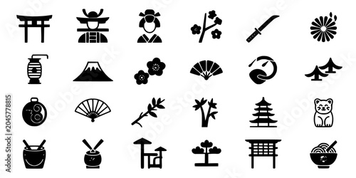 Japanese Icons Featuring Cultural Symbols and Traditional Elements in Black and White Featuring Culture, Art, Design with Illustration and Mount Fuji