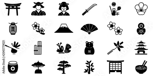 Japanese Icons Featuring Traditional Symbols and Cultural Elements in Black and White Featuring Culture, Samurai, Geisha with Mount Fuji and Fan