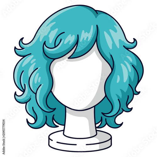 Teal Wavy Wig Mannequin Head Cartoon Vector Illustration