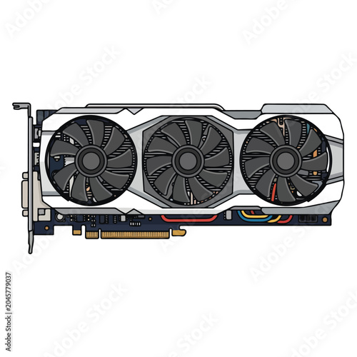 Triple Fan Gaming Graphics Card Flat Vector Illustration