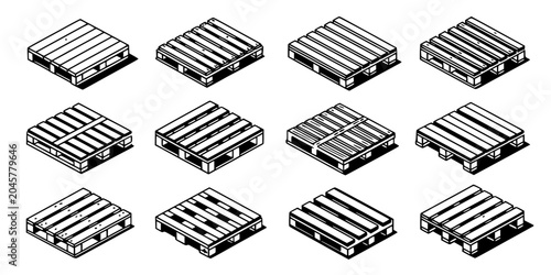 Crate Box Set of Isometric Stacked Wooden Pallets with Corrugated Slats and Metal Hinges, Arranged on a White Background