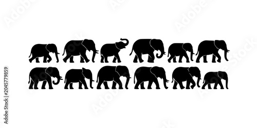 Elephant Silhouettes on White Background, Black Vector-Style Animal Icons Arranged in Rows for Pattern Design