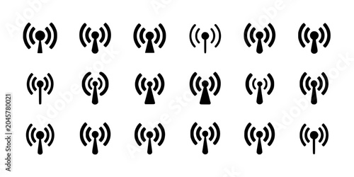 Radio Antenna Icon with Broadcast Waves Pattern on White Background, Repeating Vector-Style Symbol for Wireless Communication Graphics