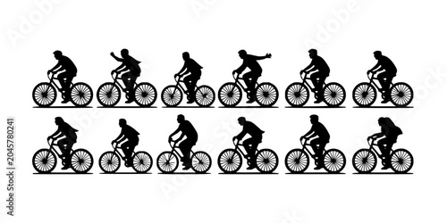 Bicyclists Riding in a Sequence of Motion Silhouettes Featuring Black, White, Cycling with Exercise and Fitness Elements for Outdoor, Activity