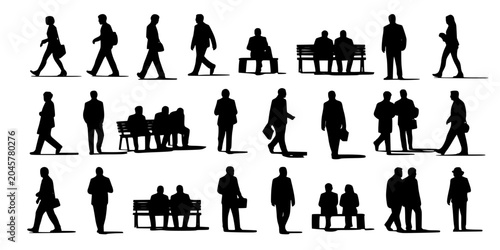 People Silhouettes Walking and Sitting on Benches in Various Poses Featuring Group, Individuals, Black with White and Vector Elements