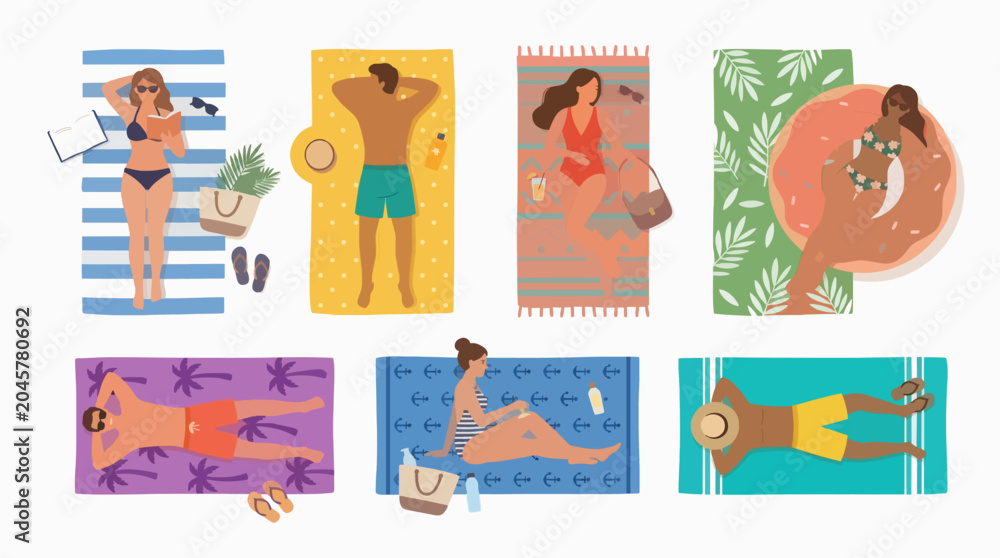 Fototapeta premium Flat Vector Illustration Set People Sunbathing Beach Summer Vacation Commercial Use