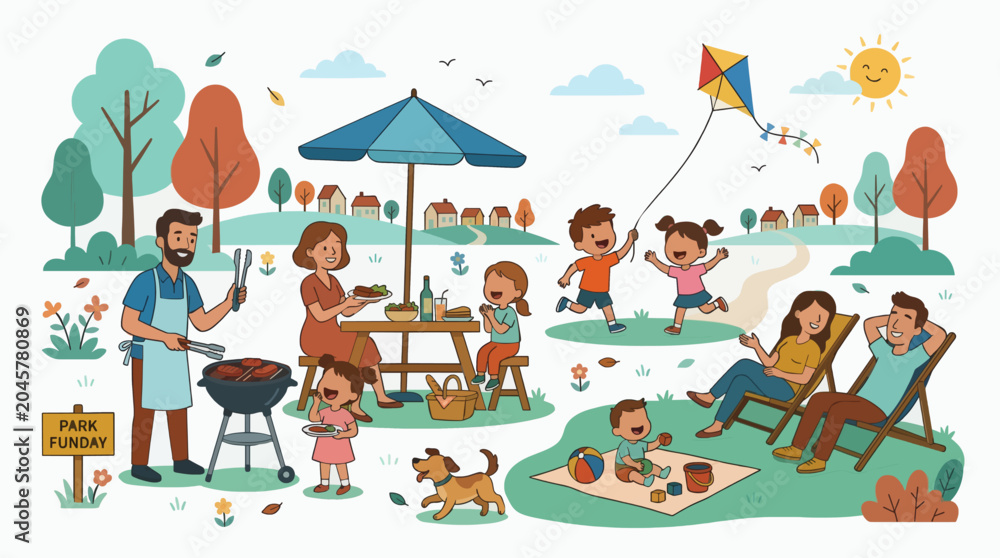 Fototapeta premium Flat Vector Illustration Family Picnic Park Fun Outdoor Activity Commercial Use