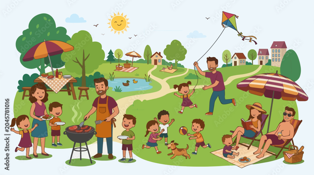 Fototapeta premium Flat Vector Family Picnic Park Summer Outdoor Activity Illustration Commercial Use