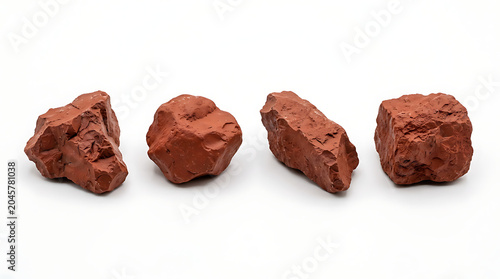 Four Pieces of Rough Red Clay Rocks Isolated on White Background