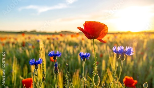A vibrant field of red poppies and blue cornflowers illuminated by a golden sunset, creating a warm, idyllic scene
