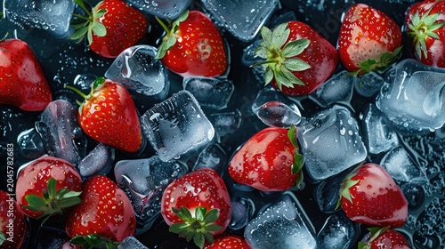 An image of ripe juicy strawberries among ice cubes. A sweet healthy snack. A refreshing summer dessert.