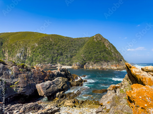Scenic view of the Storms River Mouth gorge and suspension bridge