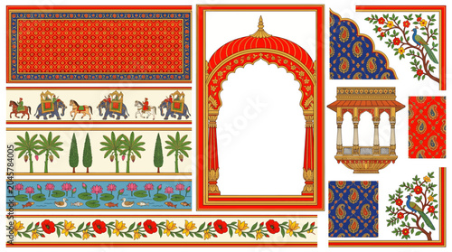 Rajput Indian Miniature Painting Mewar Style Border Frame Vector Set with Lotus Pool Elephant Procession Flowering Tree Jharoka Arch and Jeweled Design