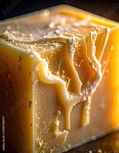 A close-up, detailed view of a golden block of cheese with dripping whey.