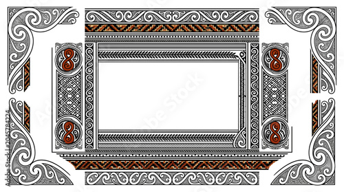 Maori Ta Moko Facial Tattoo Border Frame Vector Set with Koru Spiral Pakati Pikorua Kowhaiwhai Rafter Fern Frond and Pacific Heritage Design
