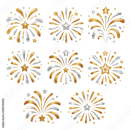 фотографія Sparkling gold and silver fireworks collection isolated on white background set