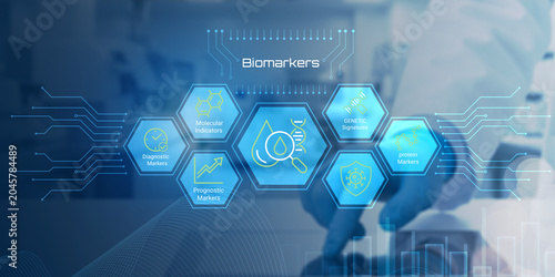 Fotografie Modern digital illustration showcasing various types of biomarkers used in medic