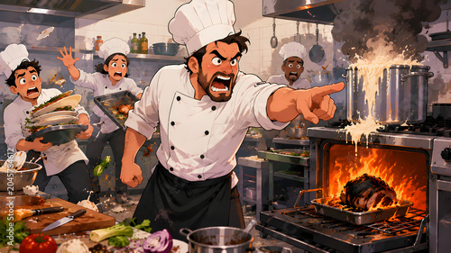 Work stress shown through a chaotic kitchen and an angry head chef