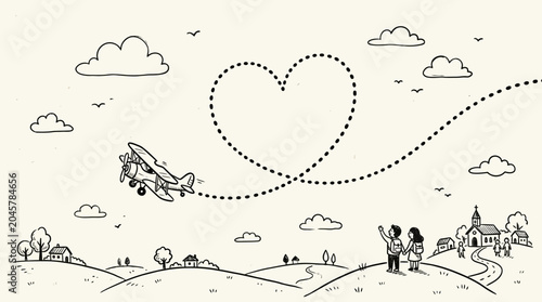 Foto A romantic illustration of a couple standing on a hill watching an airplane fly in a heart-shaped trail of dots under a cloudy sky with buildings and trees