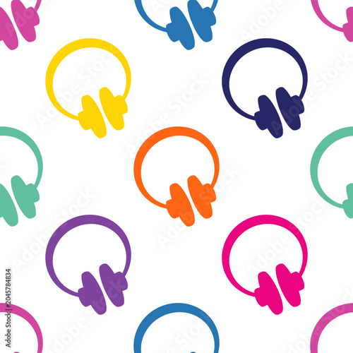 Seamless pattern with colorful headphone icons on white background.
