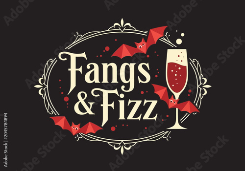 Fangs & Fizz Vintage Halloween Party Invitation Graphic with Vampire Bats and Champagne Glass - Spooky Cocktail Celebration Design