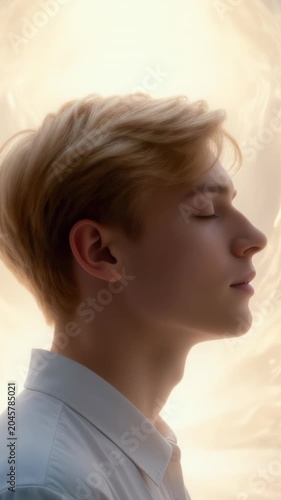 Serene young man with blonde hair meditating peacefully with his eyes closed, finding tranquility and mindfulness in a moment of calm and spiritual self reflection against a warm, bright background