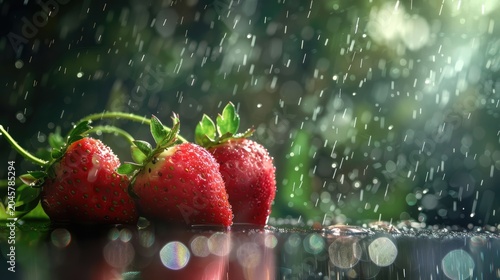 An image of ripe juicy strawberries among streams of water. A sweet healthy snack. A refreshing summer dessert.