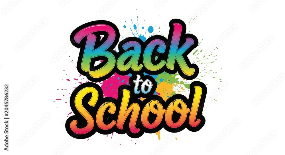 Fototapeta premium Vibrant 'back to school' typography design with paint splatter effect for educational resources