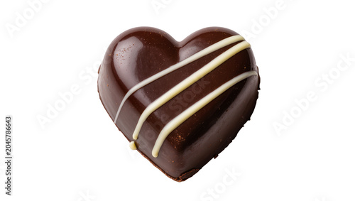 Dark chocolate heart candy with white drizzle, isolated on transparent background