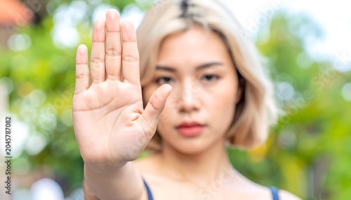 Woman showing stop hand gesture outside.