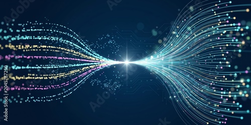 Abstract representation of colorful data streams converging on a dark blue tech-themed background with glowing light effects